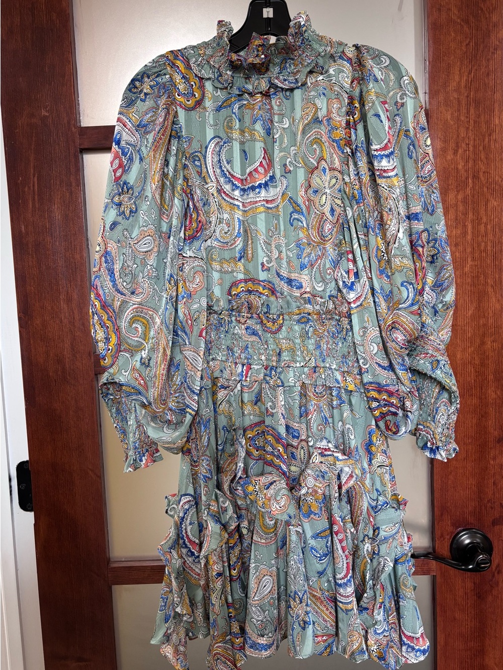 Elliatt Sage Paisley Smocked-Waist Long Sleeve Dress